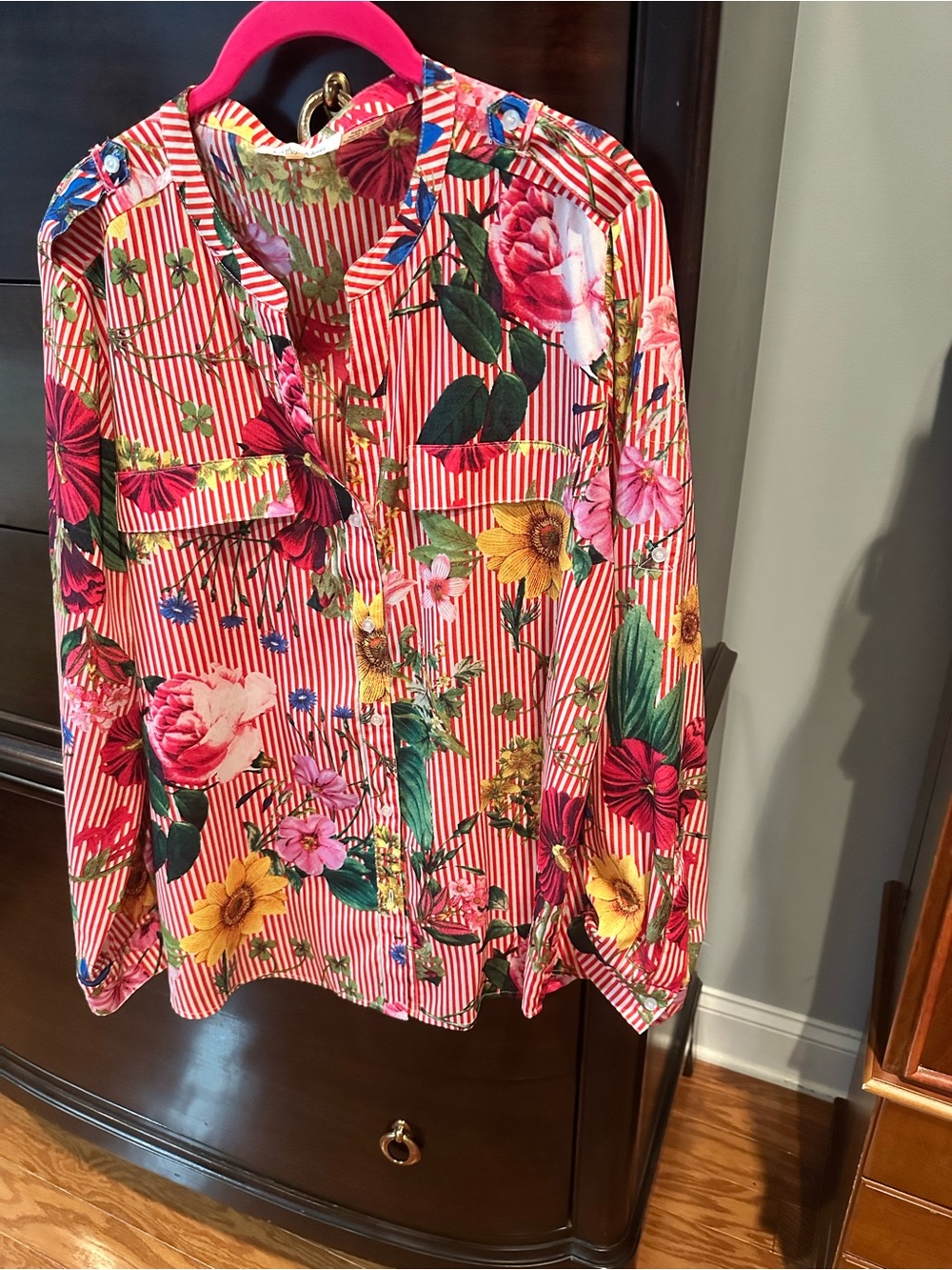 NWOT Calvin Klein Red Striped Floral Button-Front Blouse